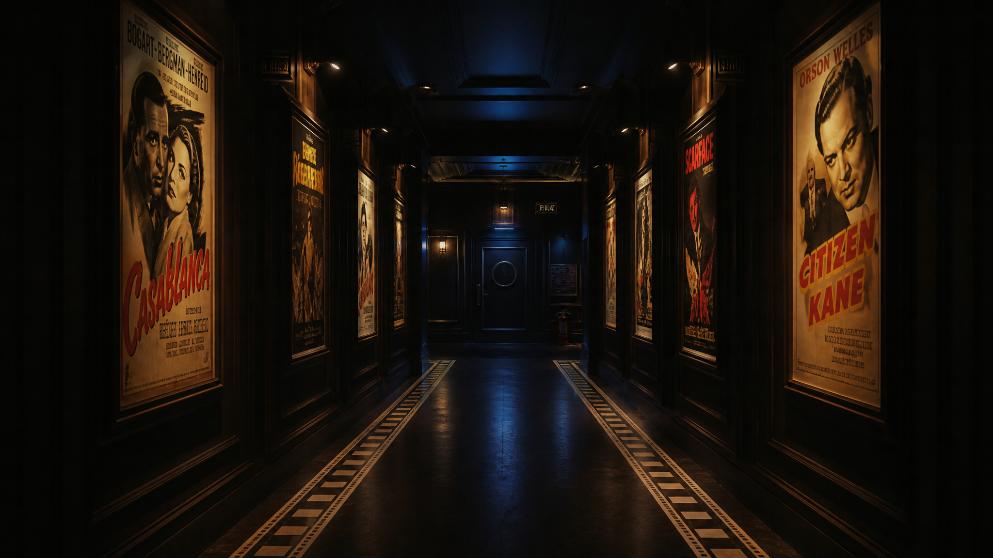 Dark cinematic hallway with movie posters and film strip aesthetics