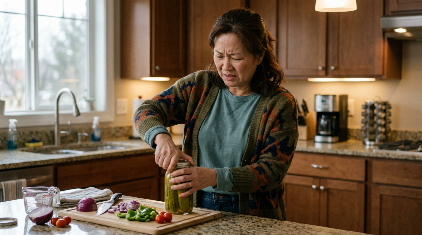 East Asian female veteran struggling to open a jar in kitchen showing pain and difficulty