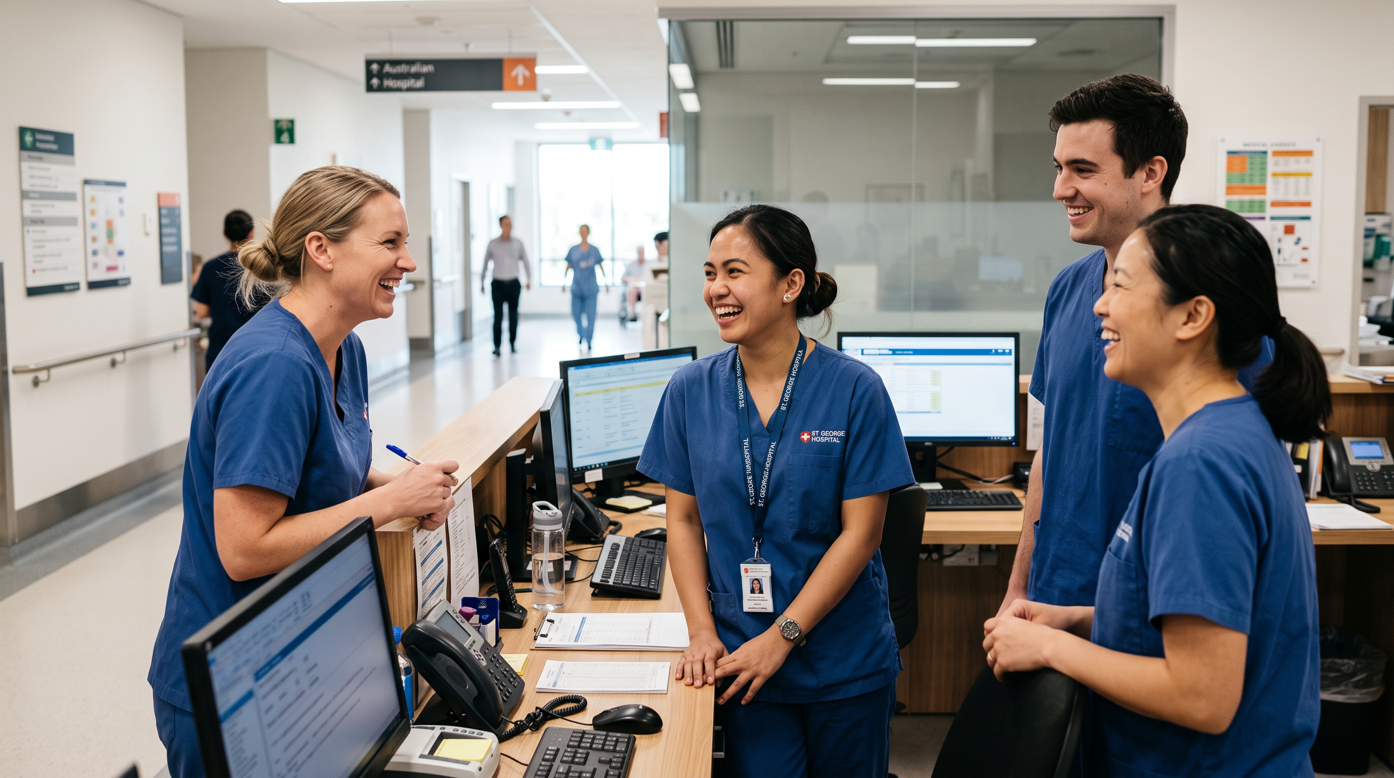 A Filipina nurse chatting warmly with colleagues at an Australian hospital nurses’ station