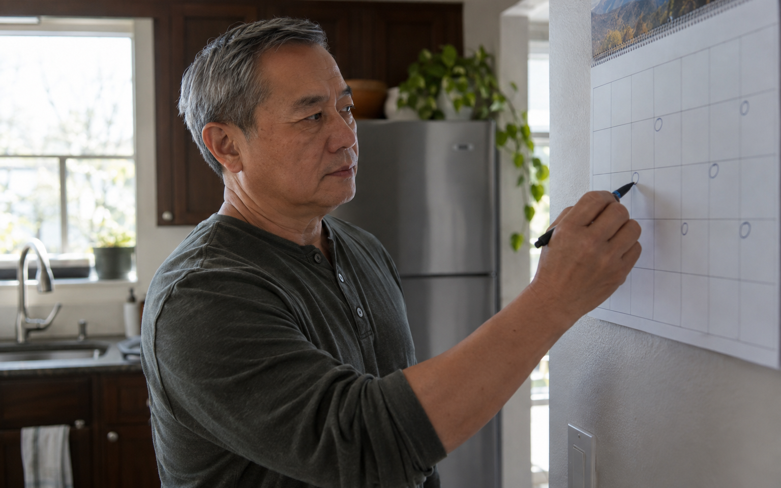 A veteran marking his appointment dates on a kitchen wall calendar