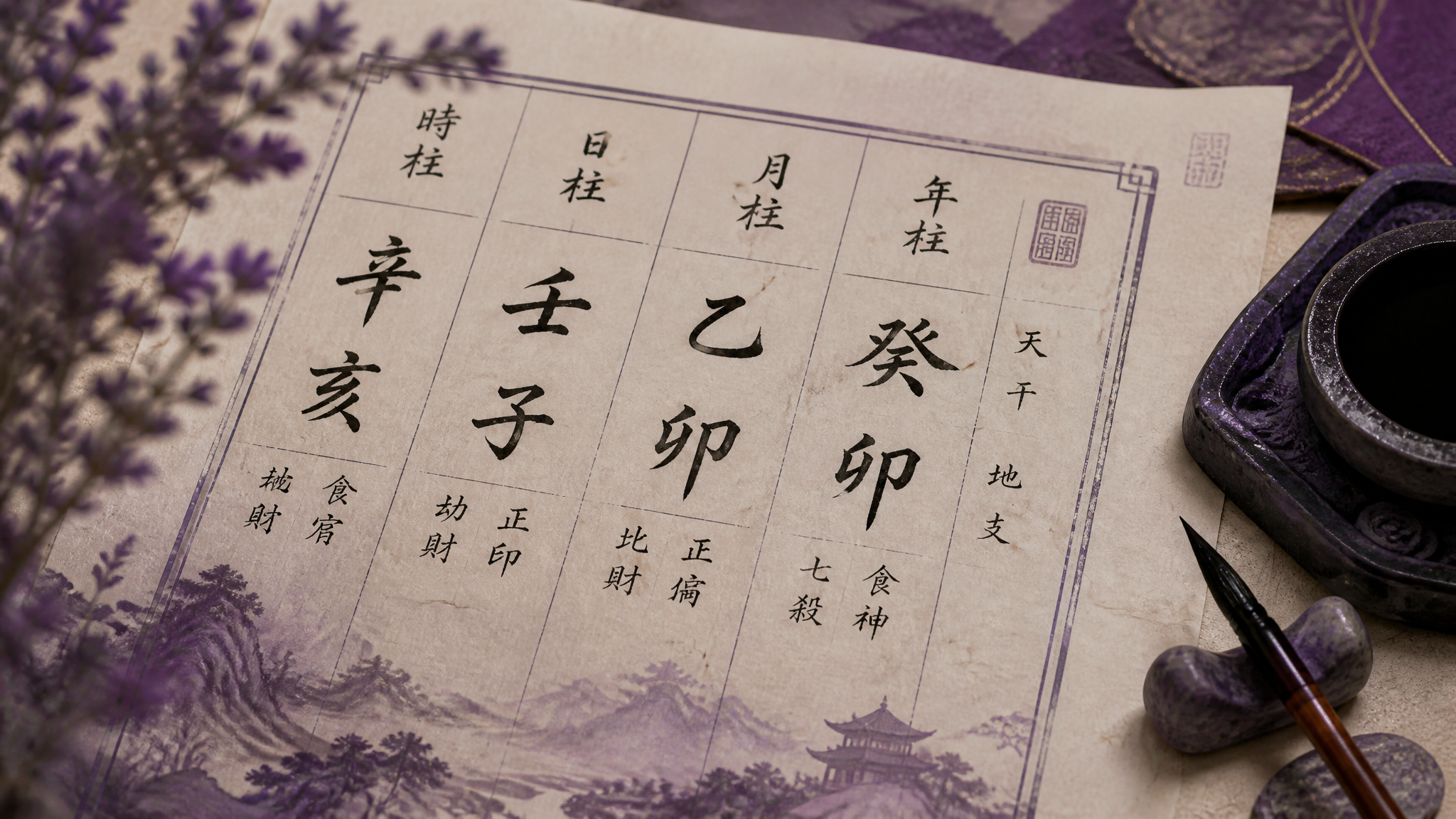 Traditional Bazi Four Pillars of Destiny chart written in Chinese calligraphy on rice paper