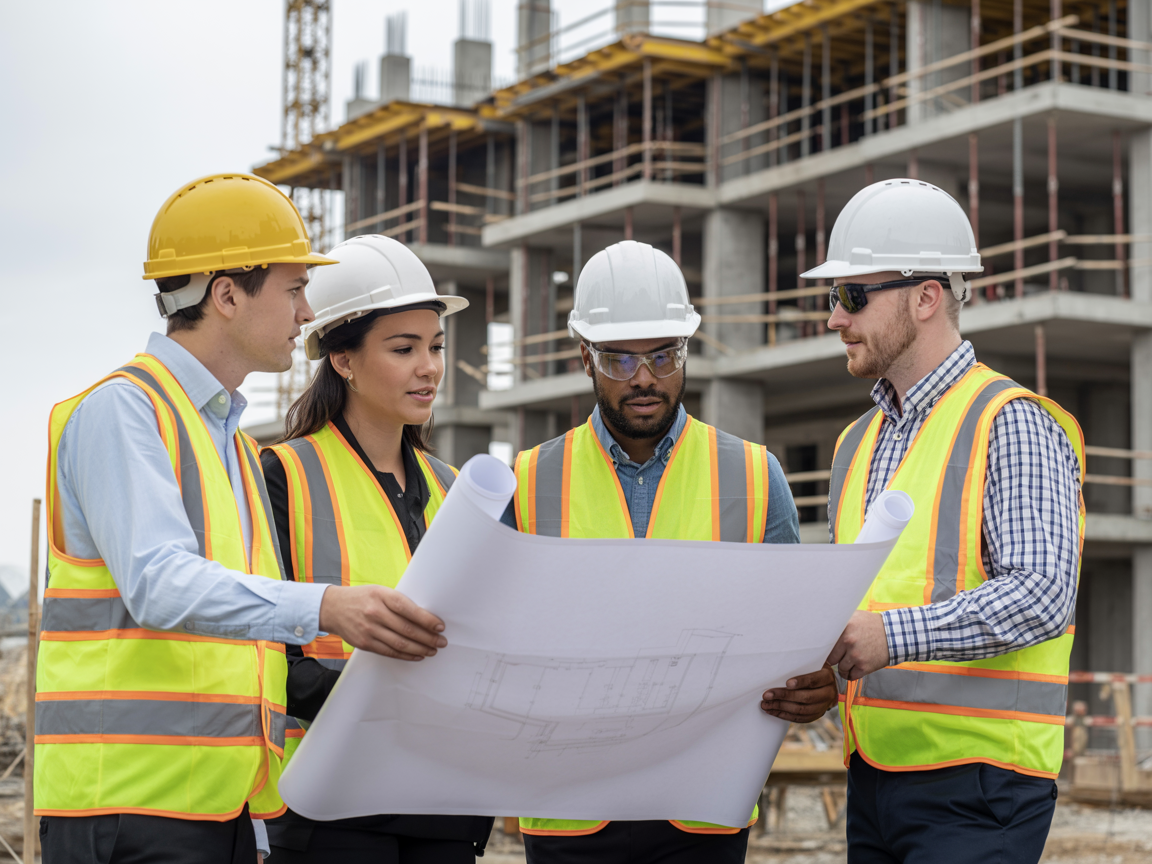 JWB Contractors team reviewing blueprints at a construction site
