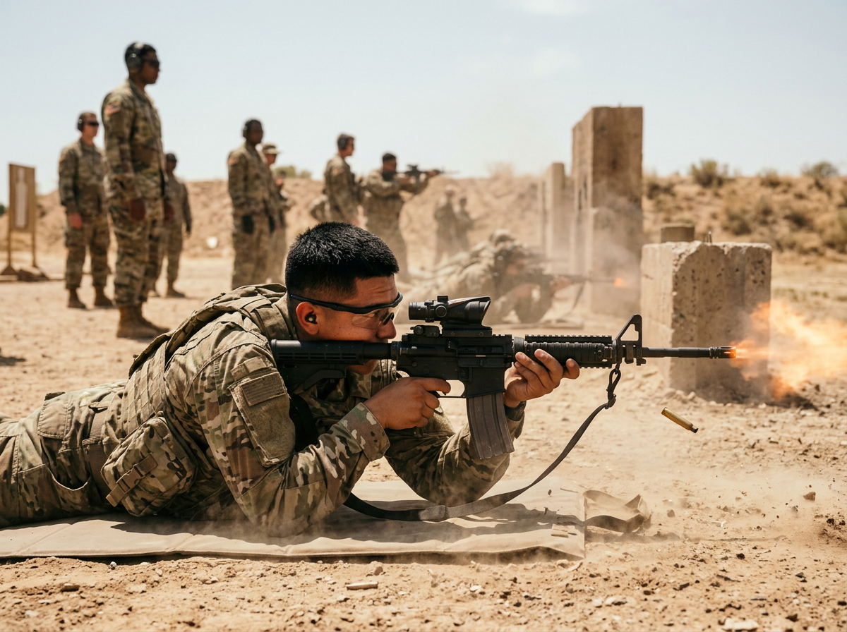 A soldier firing a rifle on an open range with visible muzzle flash, depicting military noise exposure