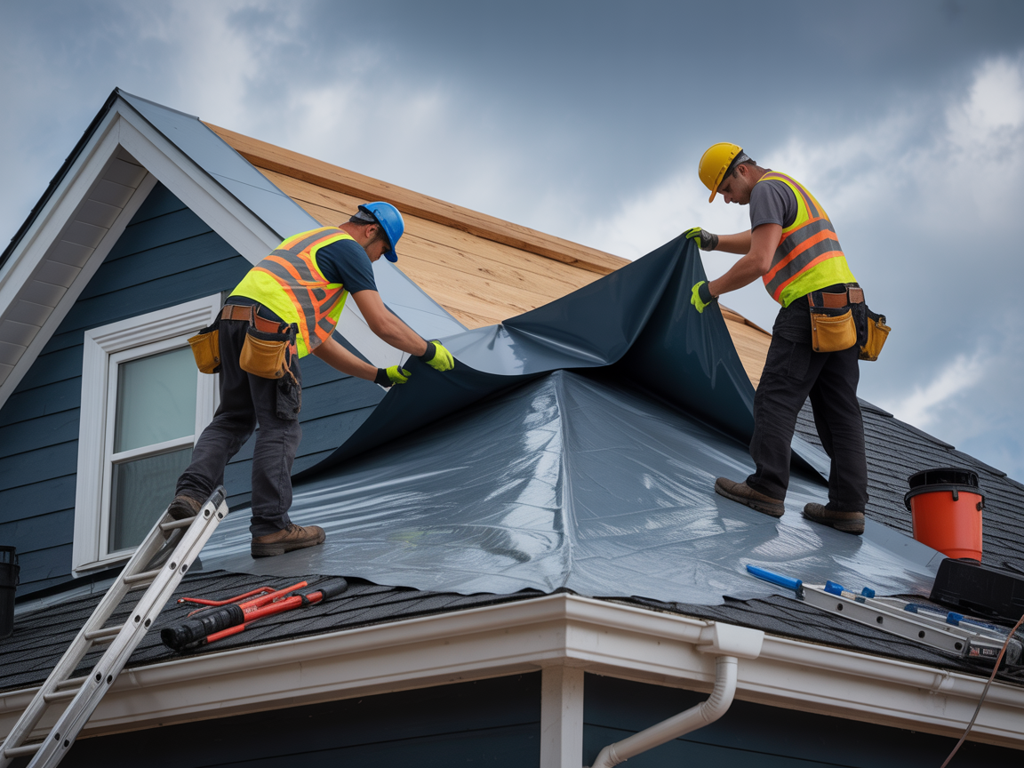 Professional emergency roof repair in progress