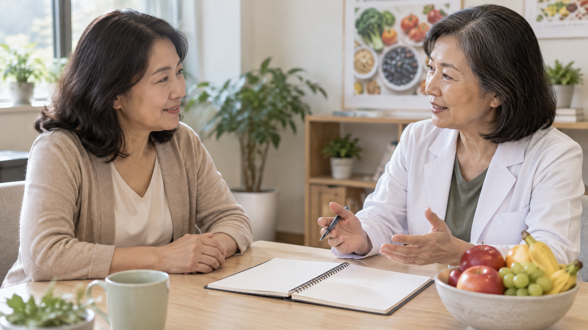 A woman veteran meeting with a female nutrition counselor at a table with a notebook and a bowl of fruit