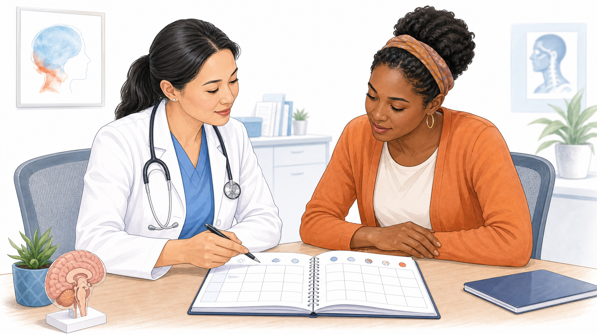 Illustration of a clinician and patient reviewing an open headache diary together at a desk