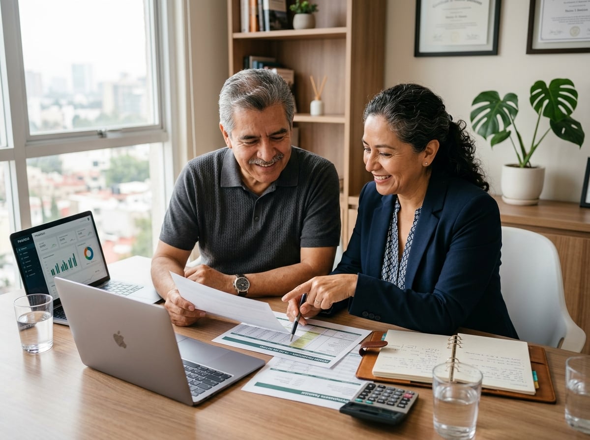 Pareja revisando opciones financieras con confianza