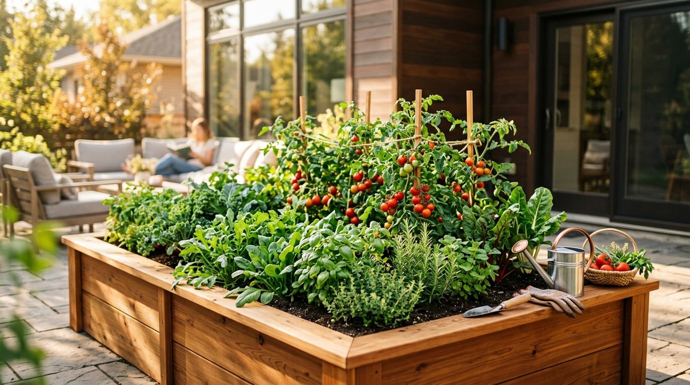 Lush cedar planter box full of fresh vegetables on a sunny suburban patio
