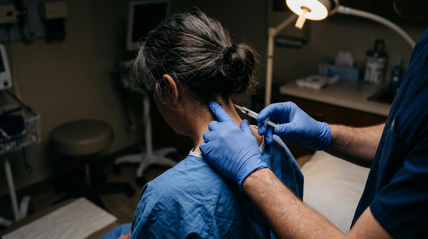 A clinician in a darkened exam room performing an occipital nerve block at the base of a seated patient's skull