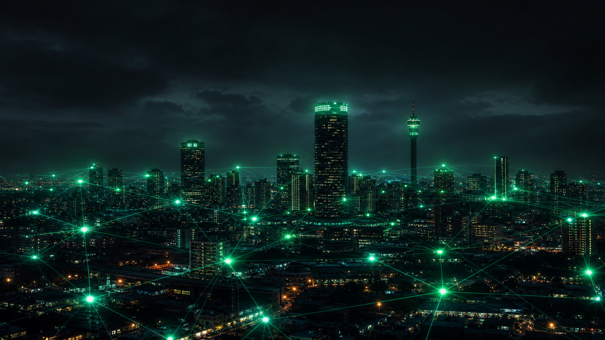 Johannesburg skyline at night connected by an emerald digital network