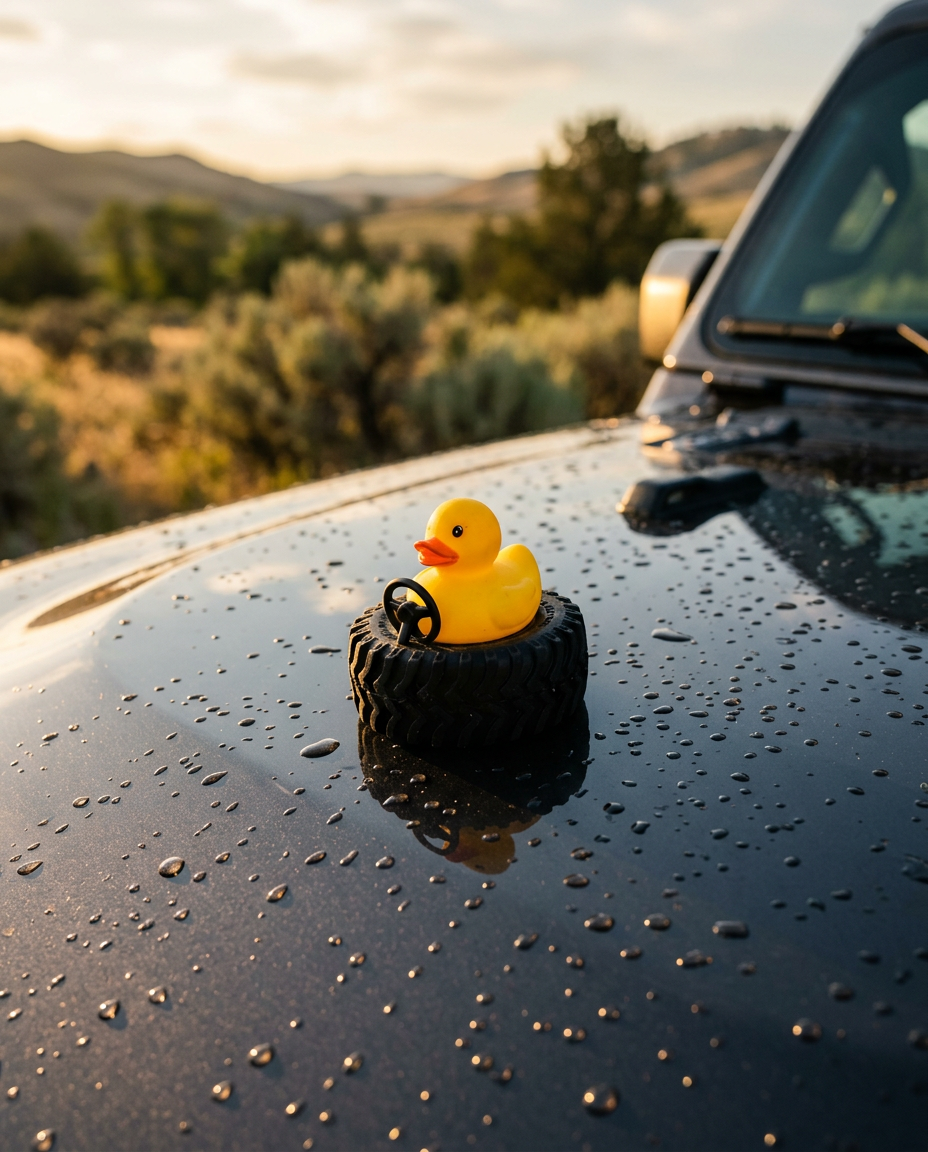 Off-road rubber duck sitting on the hood of a freshly detailed Jeep