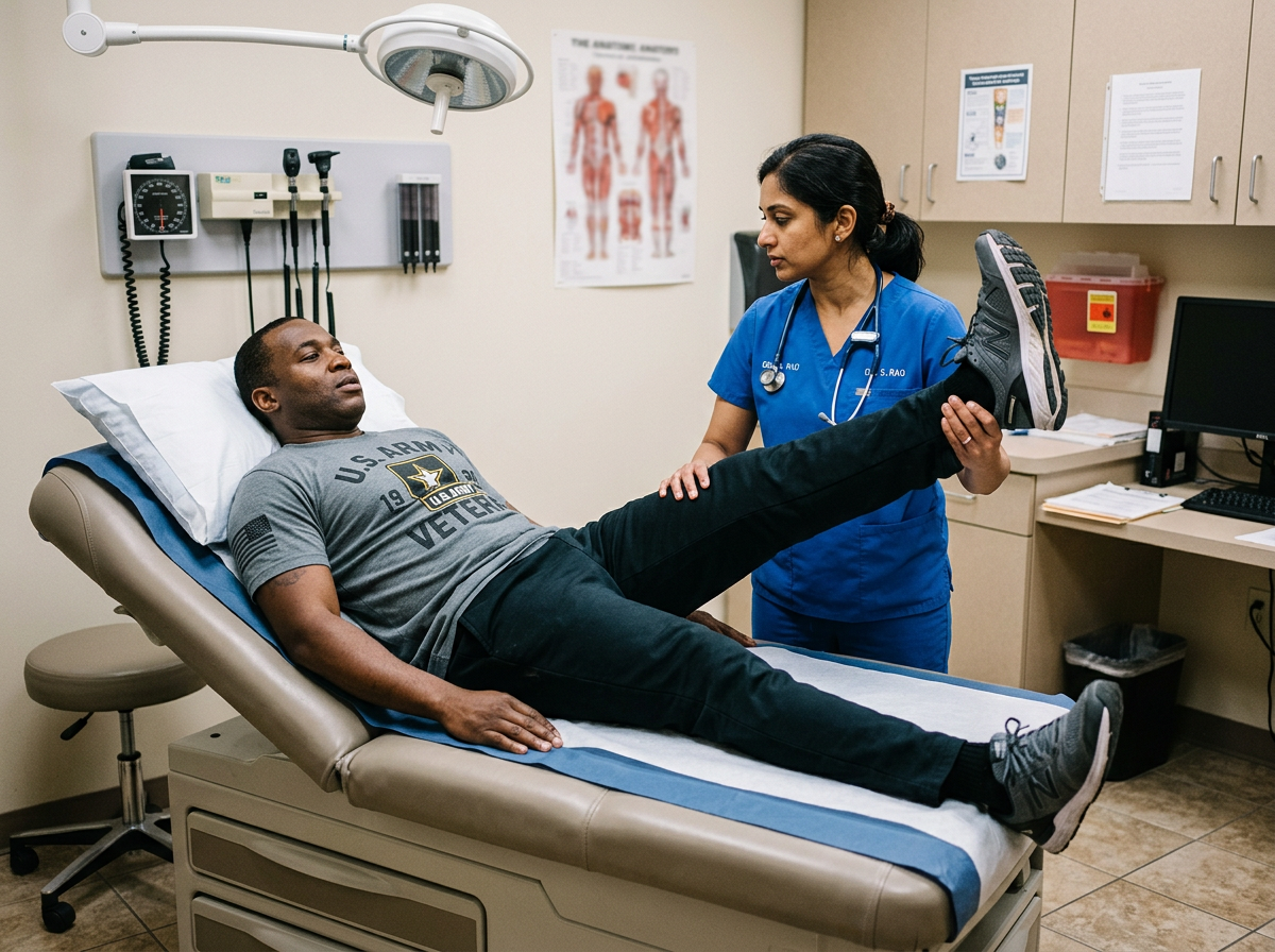 A clinician performing a straight leg raise test on a veteran to check for nerve compression from a herniated disc