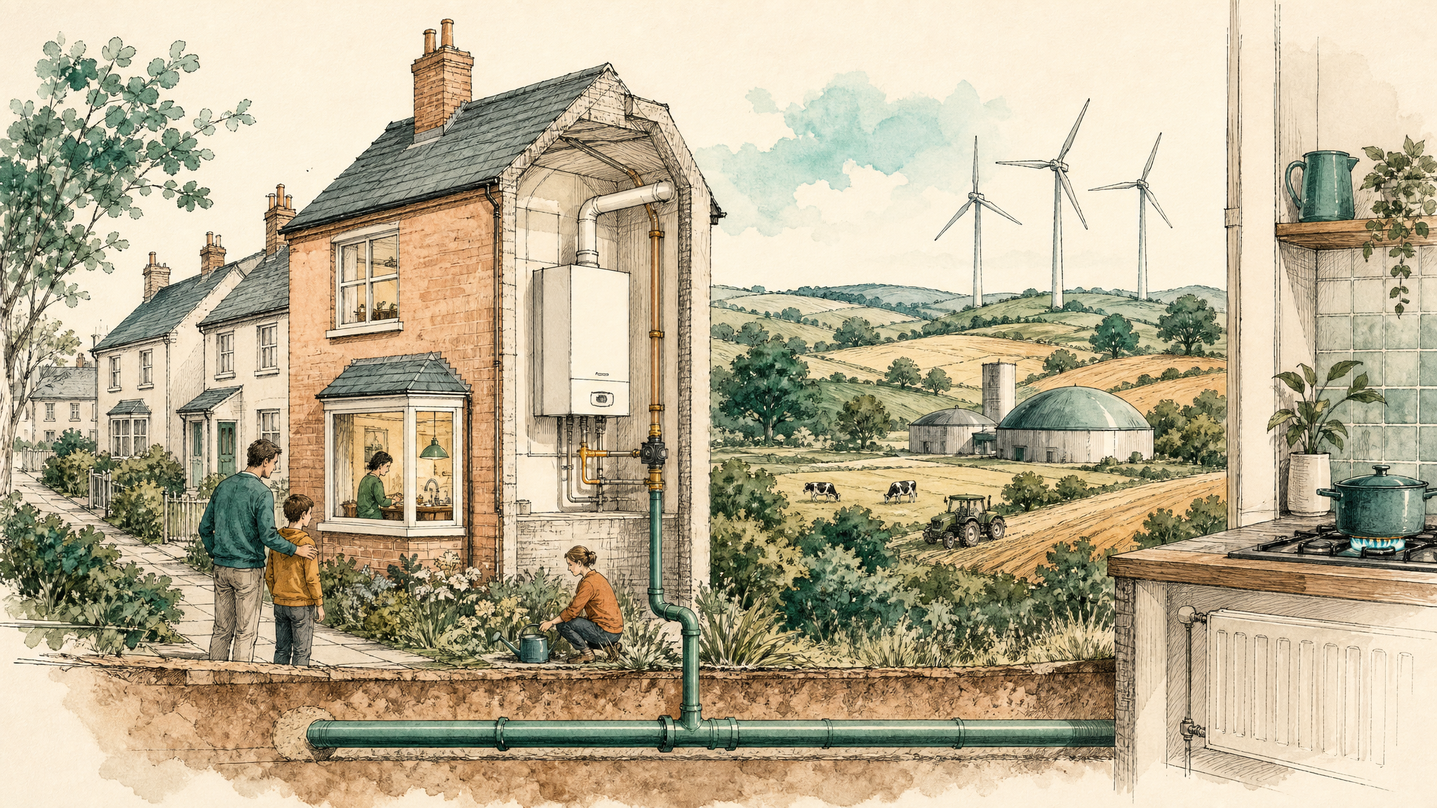Illustration of the public benefits of biomethane: bills, farming, waste and energy security