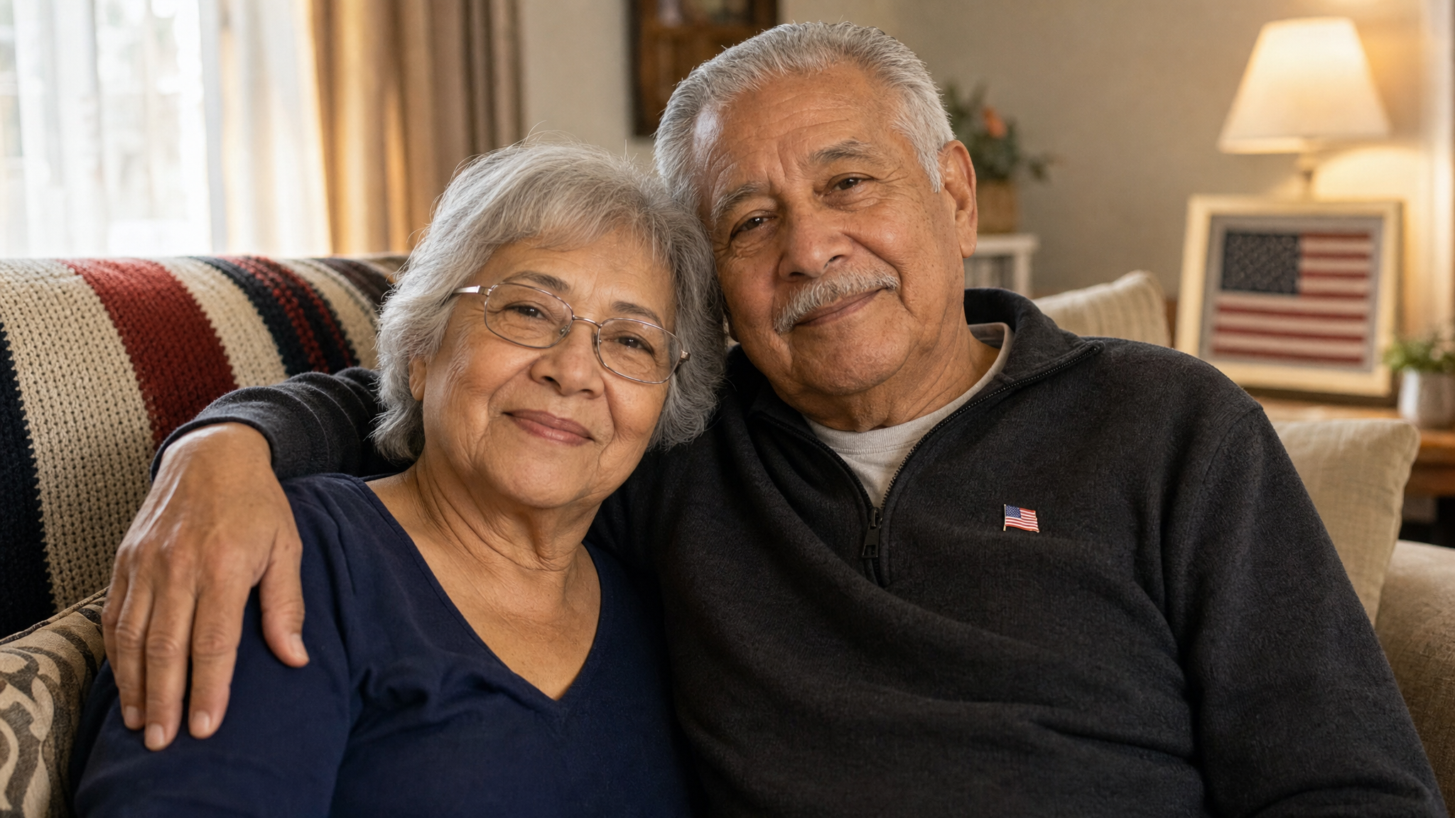 A senior Latino veteran couple sitting close together at home, one arm protectively around the other