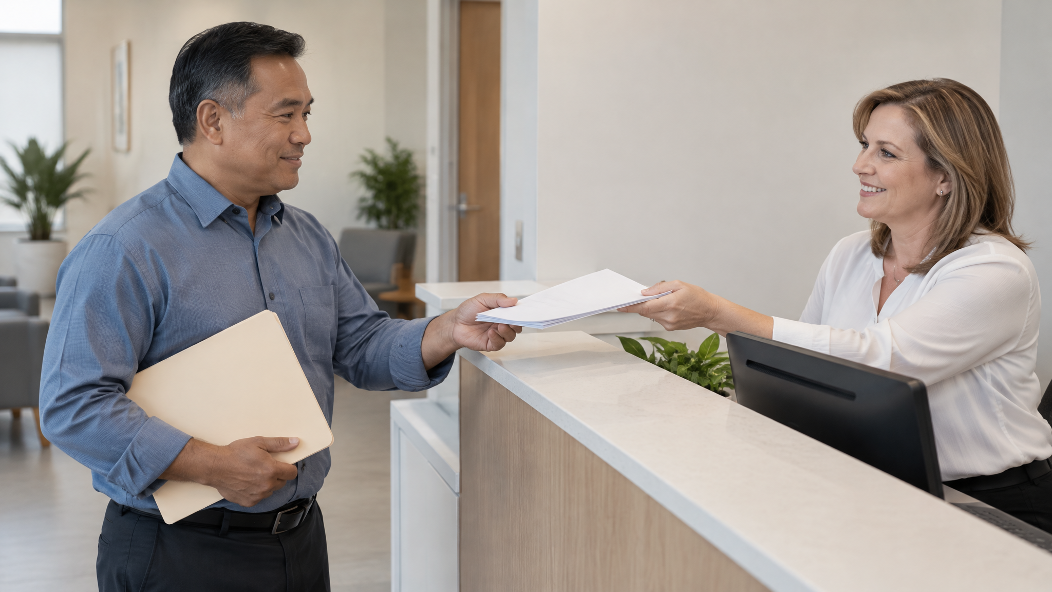 Veteran at a medical office front desk receiving a stack of printed pages while holding a folder