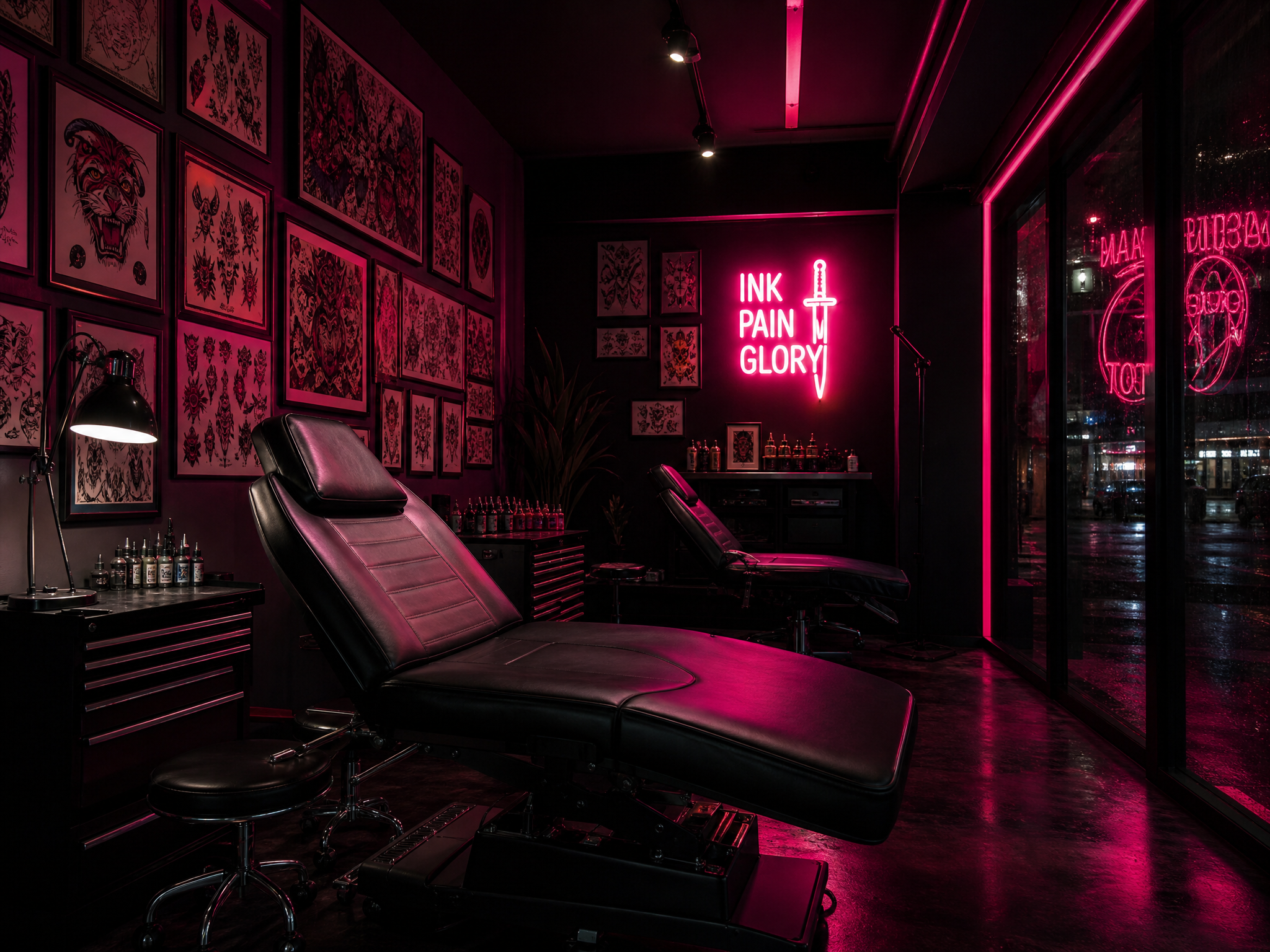 Interior of the Pretty Pricks tattoo studio at night with hot-pink neon accents