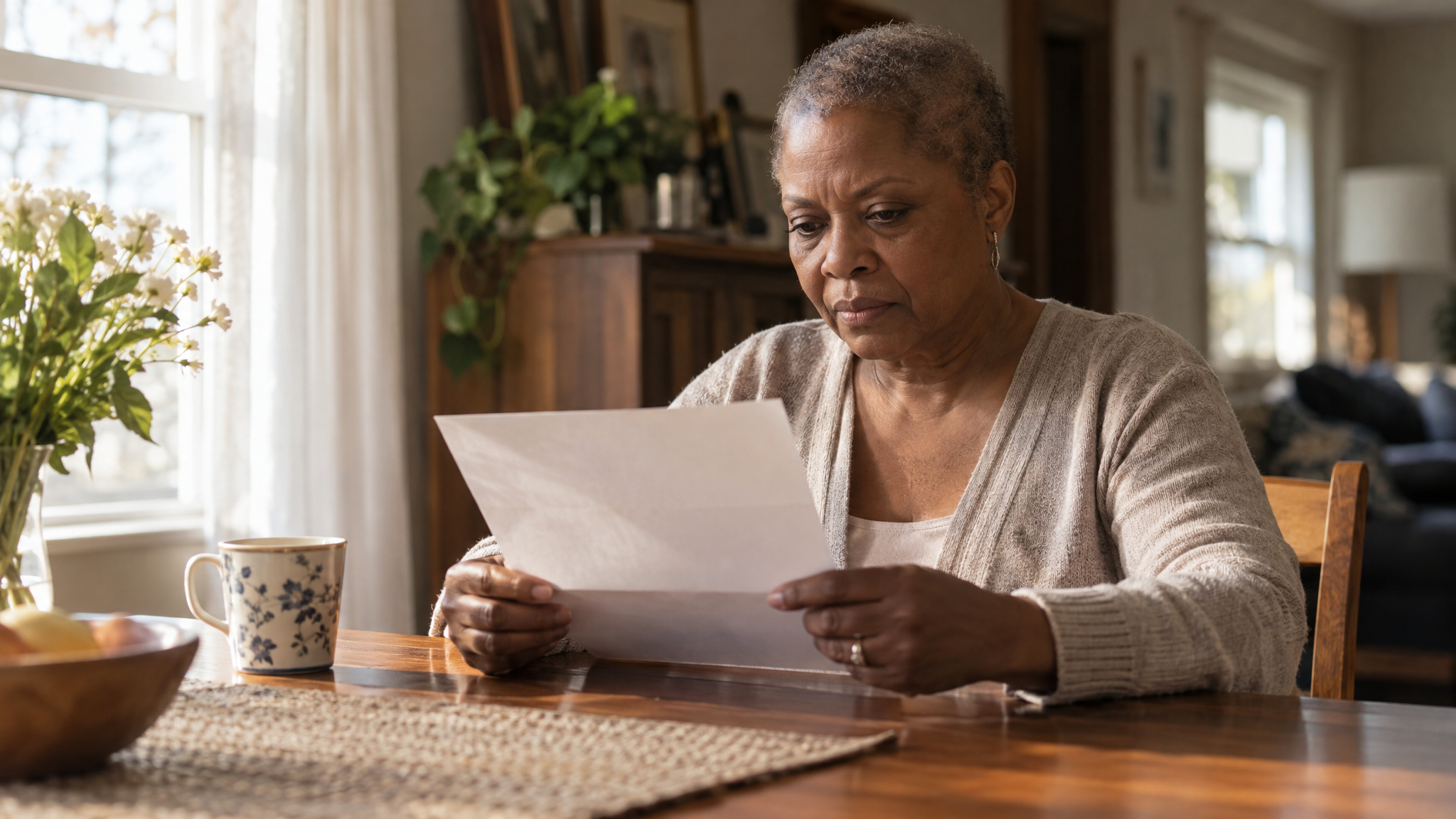 A woman veteran in her fifties with short regrowing hair reading a letter at her kitchen table