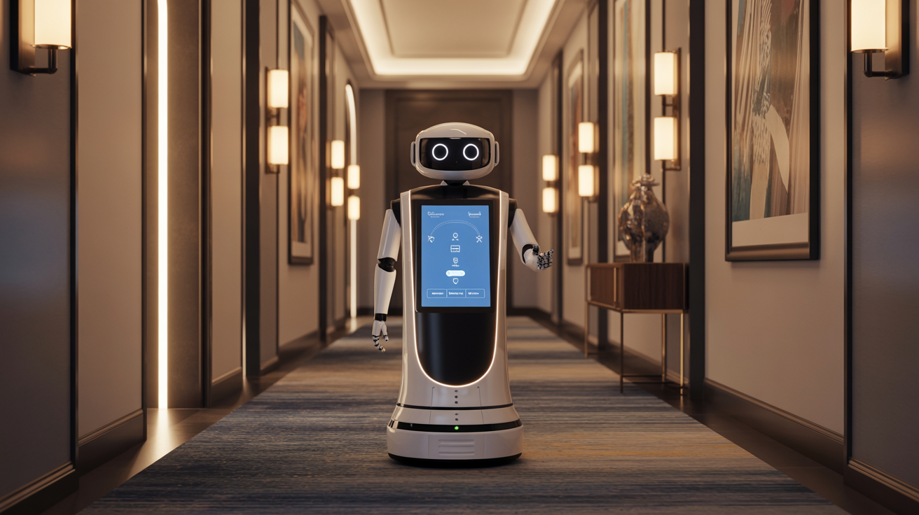 Concierge robot guiding guest through hotel corridor