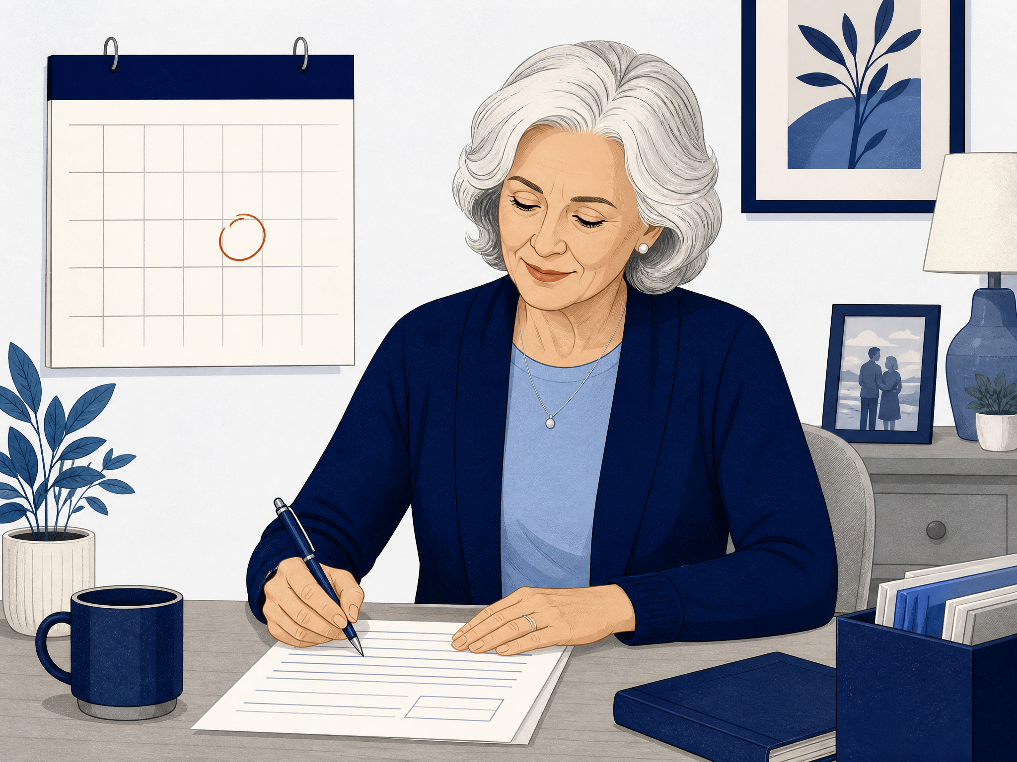 Editorial illustration of a surviving spouse at a desk with a calendar date circled in coral, representing the one-year DIC filing deadline