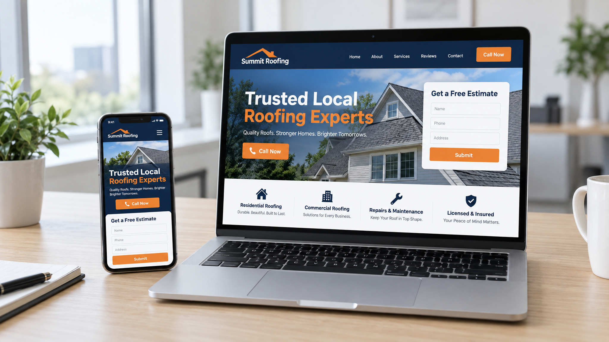 Contractor landing page with estimate calculator shown on a laptop and a mobile phone