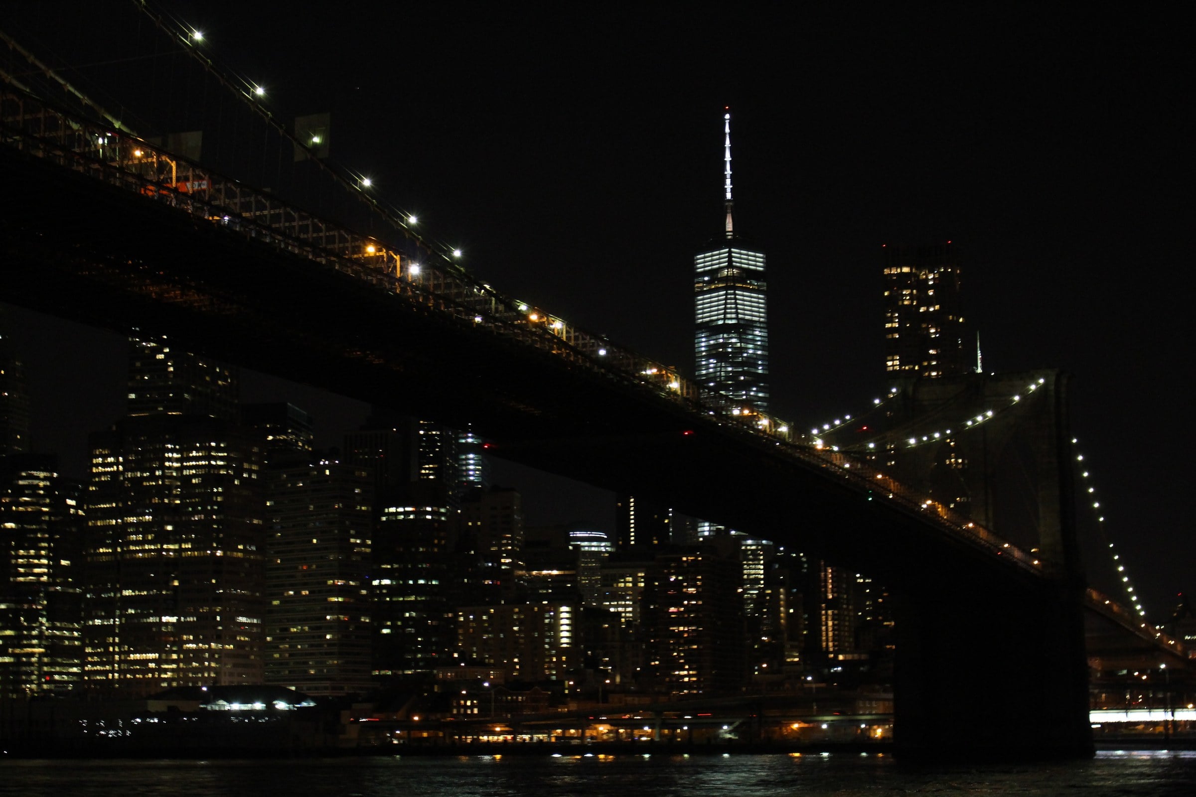 Manhattan skyline at night with the Brooklyn Bridge