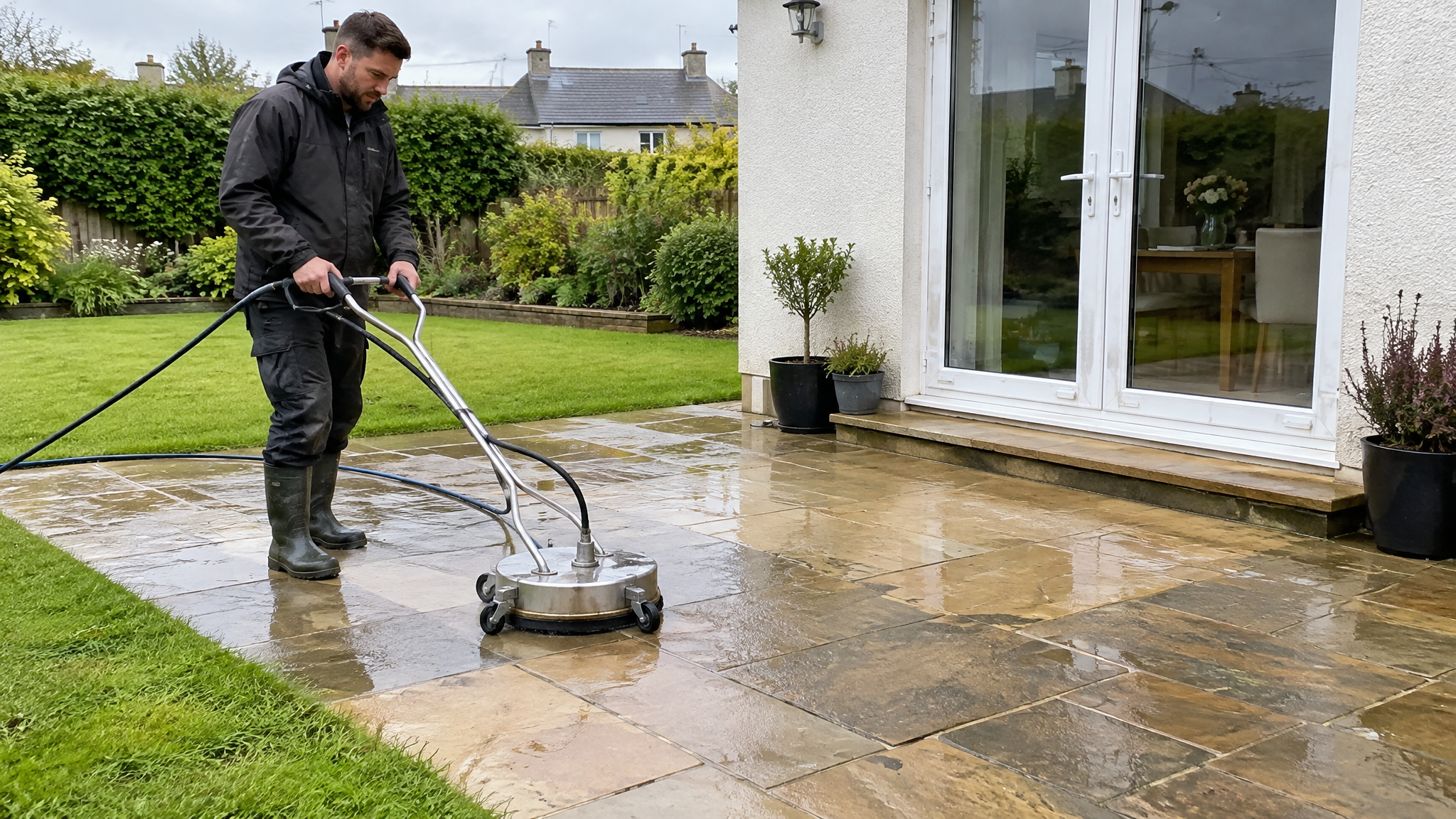 Stone patio being cleaned in an Irish back garden