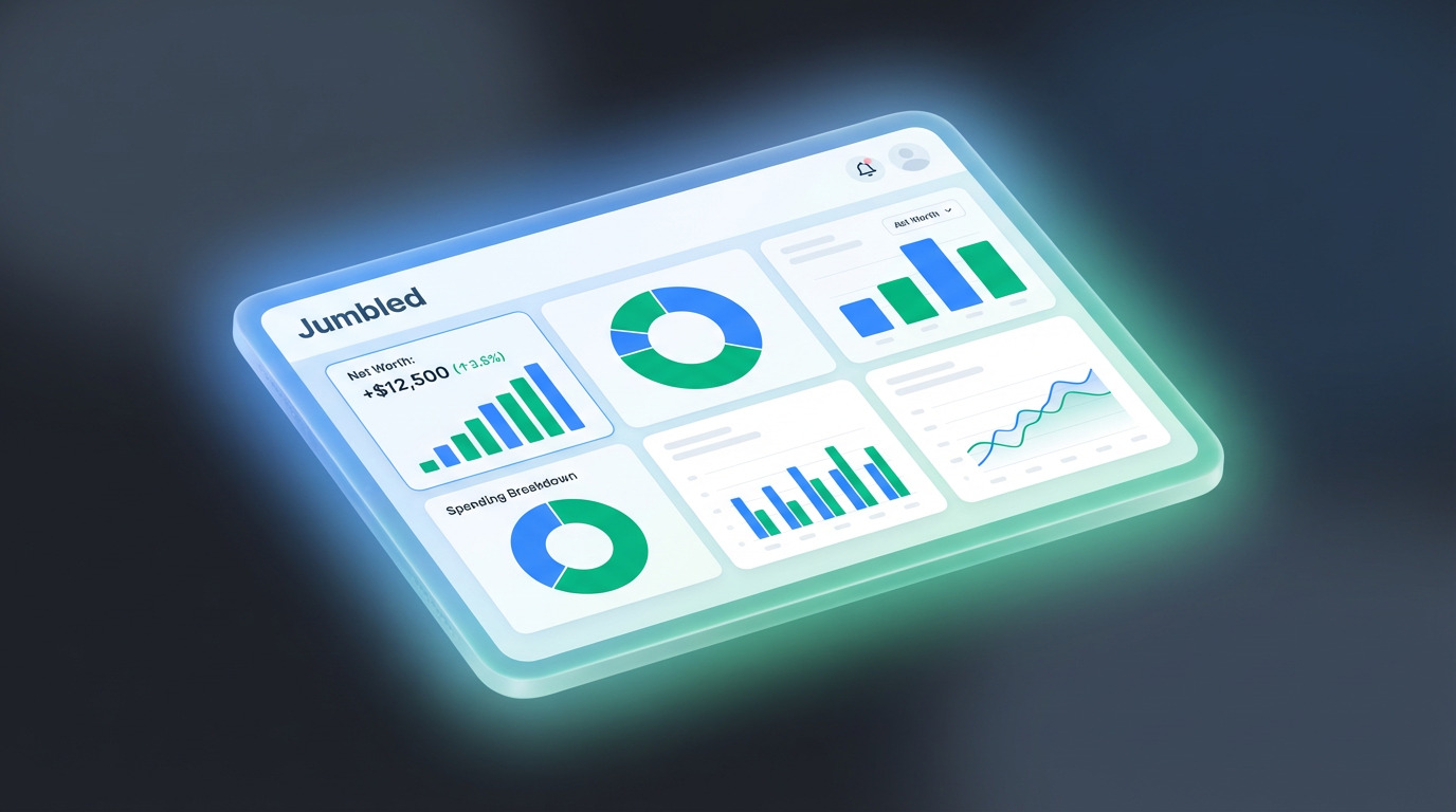 Jumbled personal finance app dashboard showing charts and bill tracking
