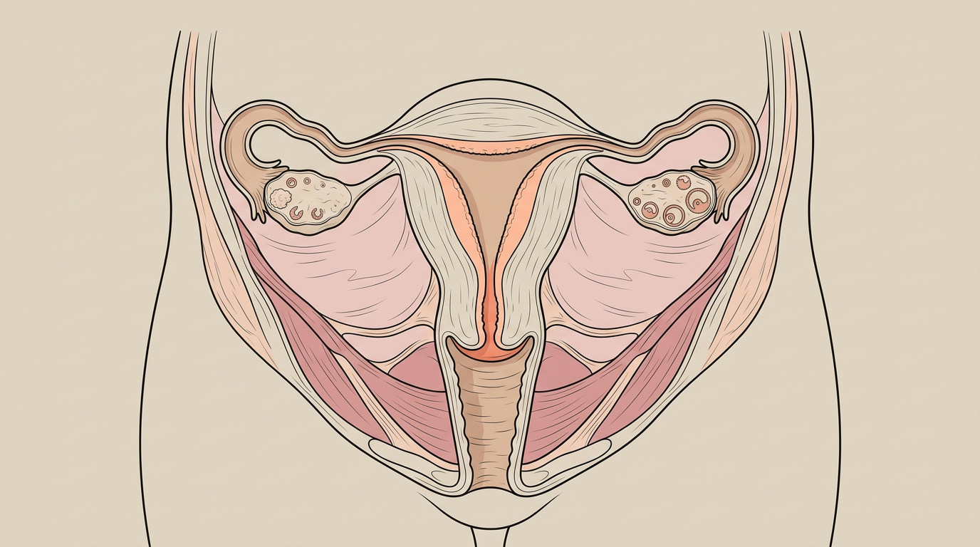 Medical anatomical illustration of the female reproductive system showing the uterus, ovaries, and fallopian tubes with subtle highlighting of the pelvic region