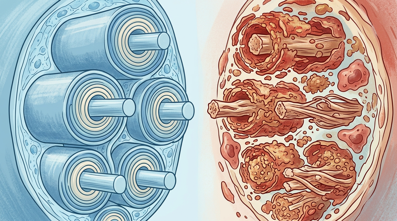 Medical illustration comparing a healthy peripheral nerve fiber with intact myelin to a damaged nerve showing demyelination and degenerating axons