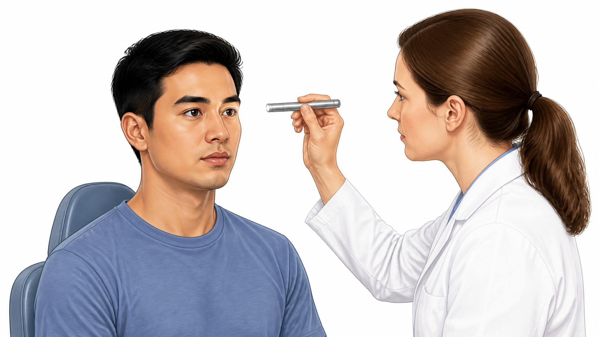 A clean medical illustration of a clinician holding a penlight to examine a seated patient's eyes during a cranial-nerve screen