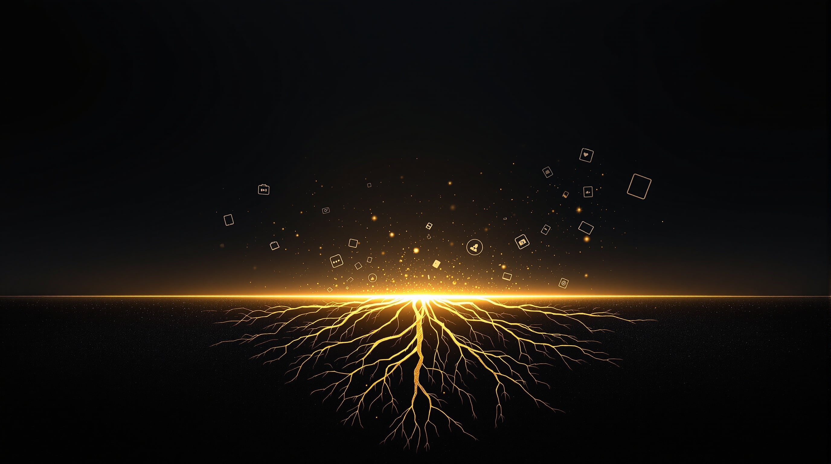 Goldenes Wurzelsystem als Symbol für tiefe Infrastruktur-Integration auf dunklem Navy-Hintergrund – oberflächliche Tool-Icons verblassen und lösen sich auf