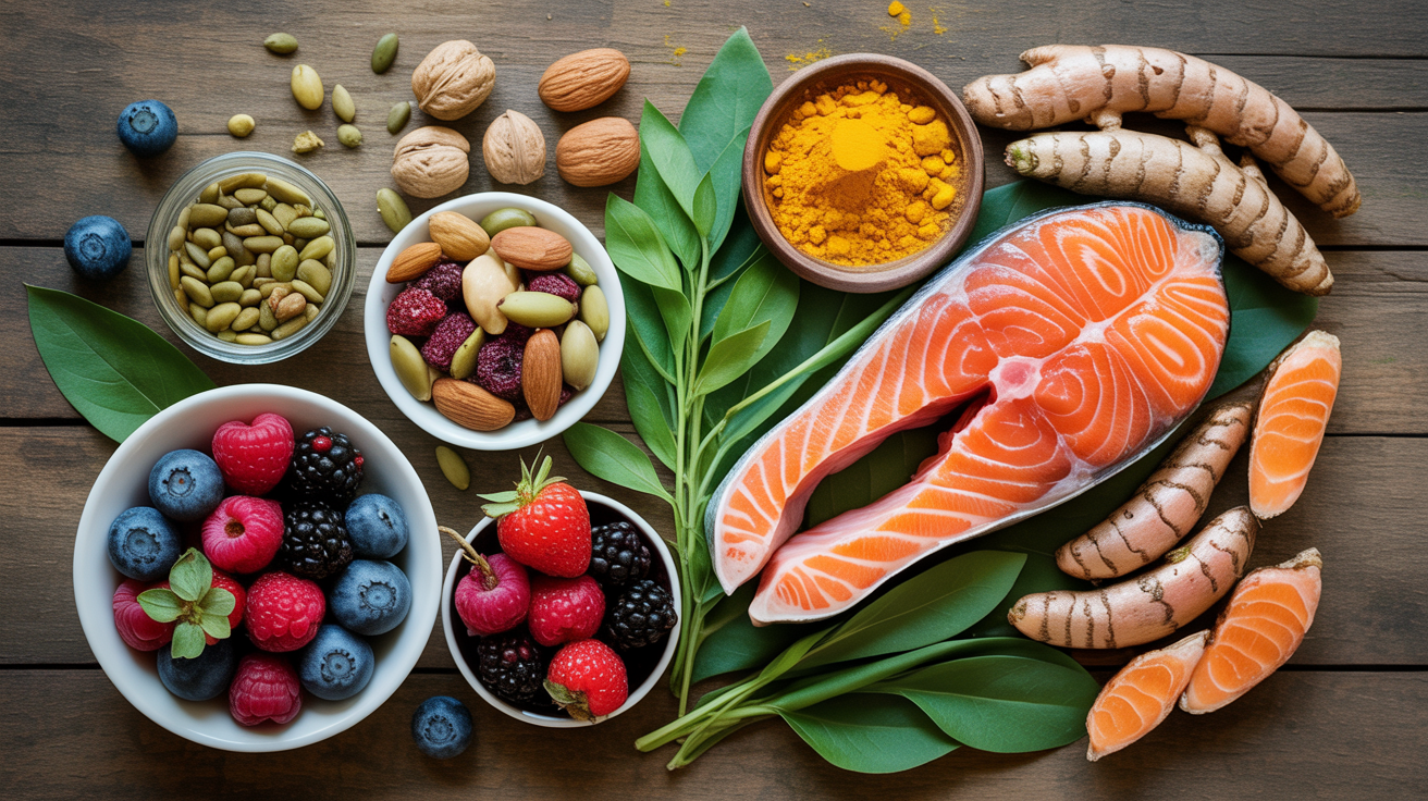 Anti-inflammatory foods including turmeric, berries, salmon, and nuts