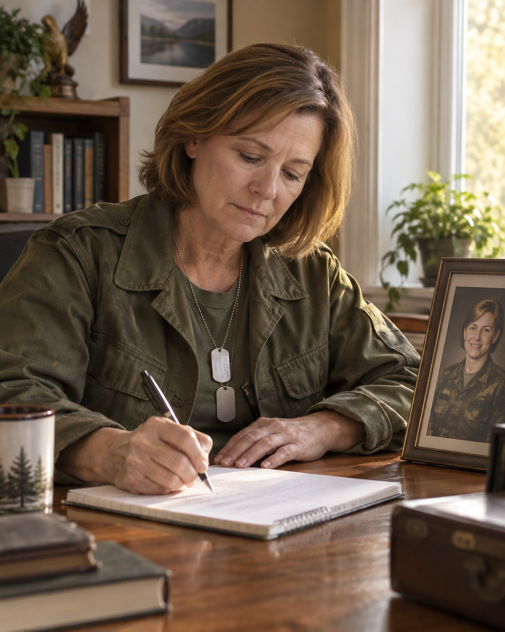 A woman veteran in her unit jacket and dog tags writing her personal statement by hand