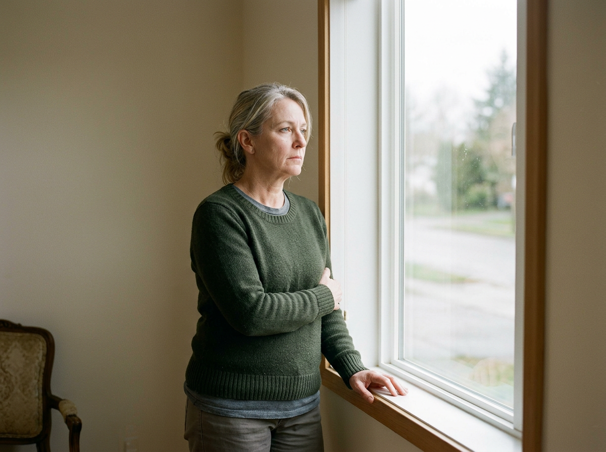 White female veteran in her 50s standing pensively by a window with a reflective expression symbolizing toxic burn-pit exposure during deployment