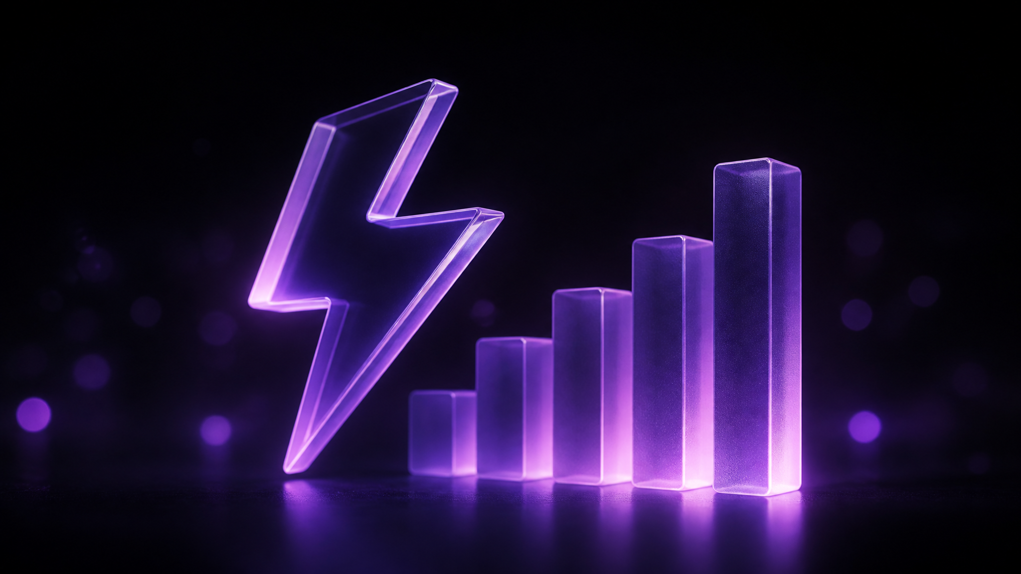 A translucent violet frosted-glass lightning bolt beside a rising glowing bar chart in the dark