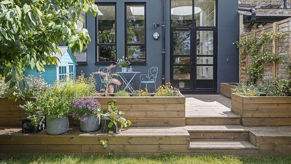 Rear garden landscaping with raised beds and contemporary design