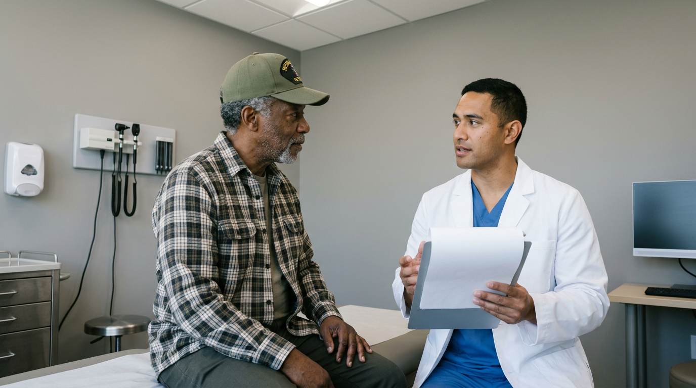 Older Black male veteran discussing treatment history with a Pacific Islander male oncologist in an exam room