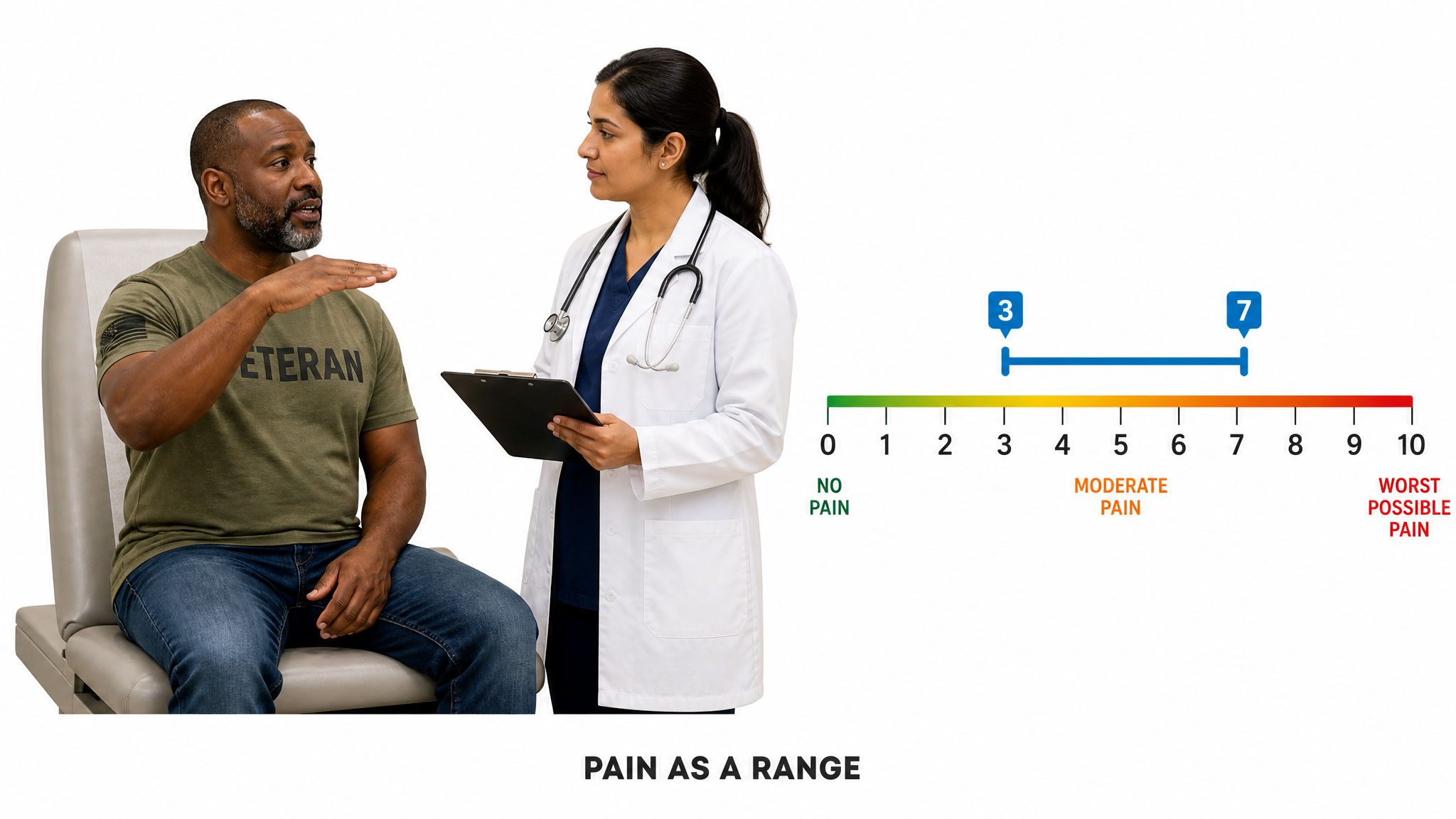 Clinical teaching photograph of a seated veteran gesturing a span while a clinician takes notes, beside a 0 to 10 pain scale marked with a range from 3 to 7 rather than a single number