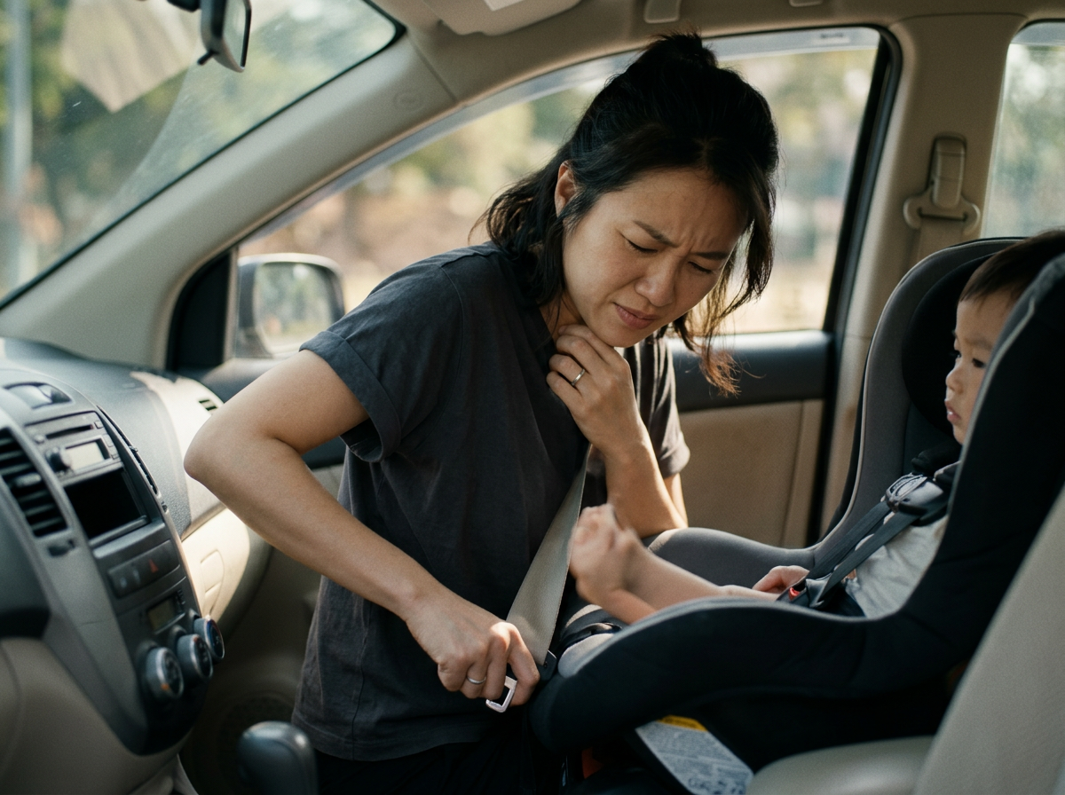 An Asian woman veteran wincing while reaching across her body to buckle a car seat, the motion straining her clavicle