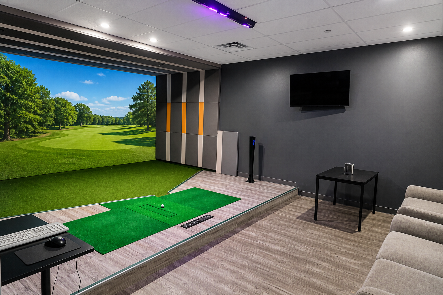 Spacious indoor golf simulator bay with hitting mats, projected fairway, wall-mounted television, table, and seating