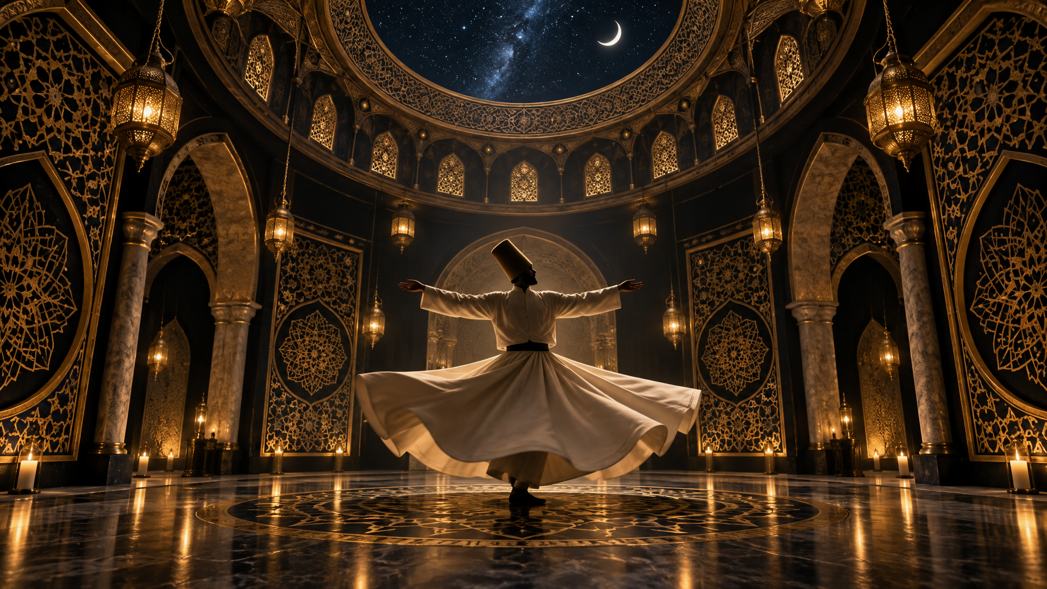 A whirling dervish silhouette in a domed hall with geometric tilework, hanging lamps and a starry oculus
