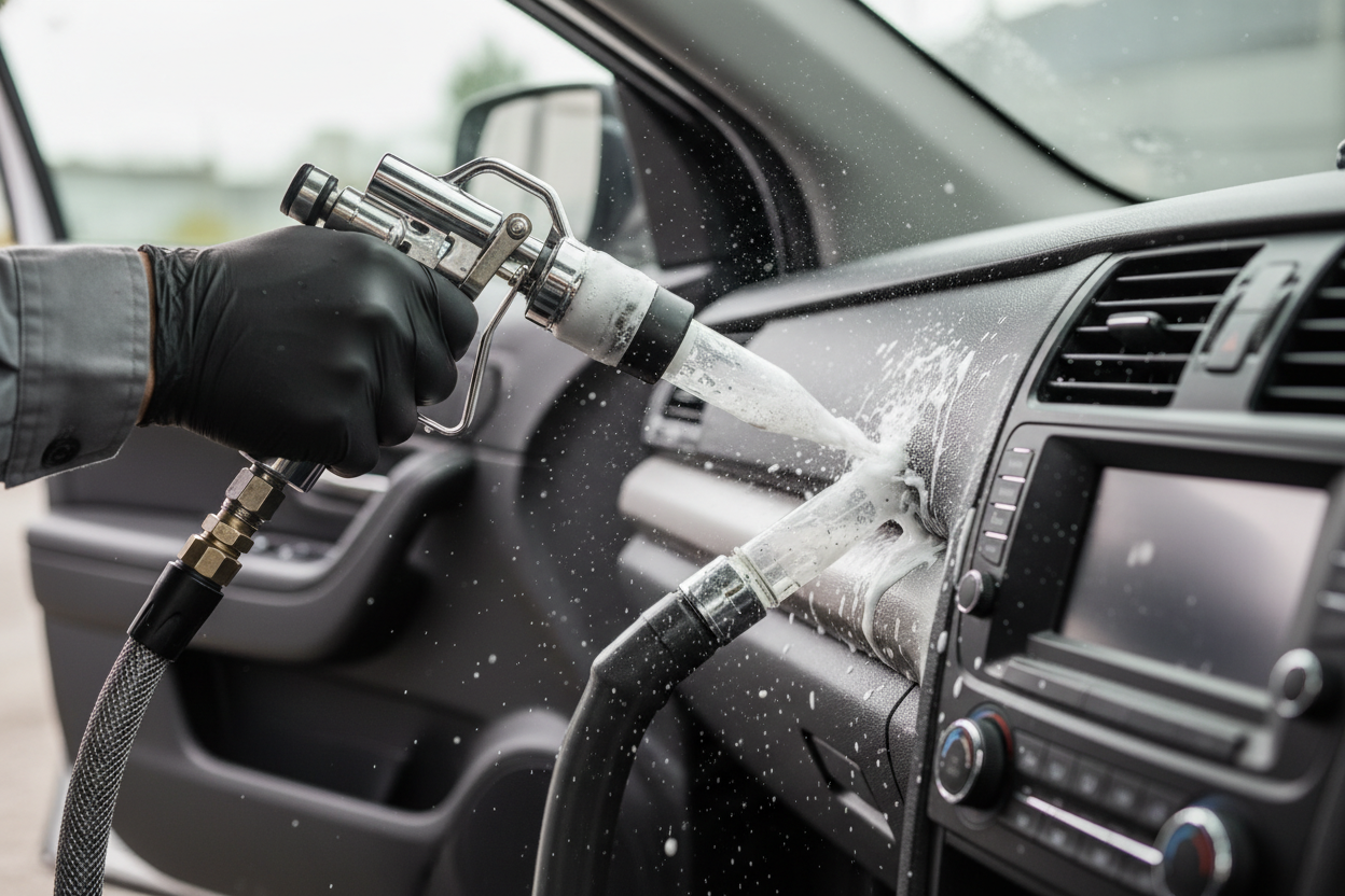 Tornador cleaning foam into a vent while extractor pulls foam and dust away