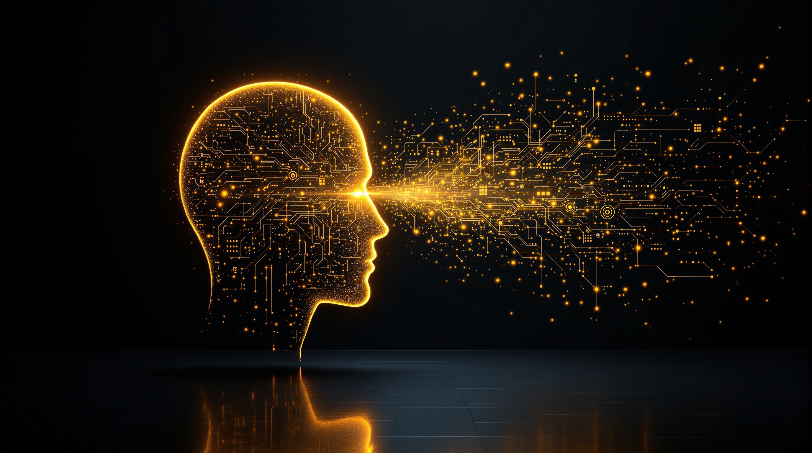 Goldene Silhouette eines menschlichen Kopfes, die nahtlos in digitale neuronale Netzwerke übergeht, auf dunklem Hintergrund – symbolisiert die Grenze zwischen menschlichem Bewusstsein und maschineller Intelligenz