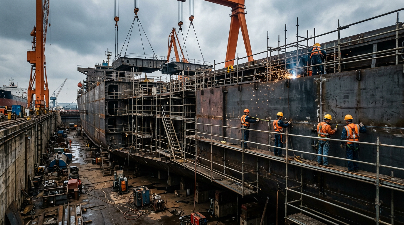 Ship hull under construction in a shipyard dry dock with scaffolding and welding work