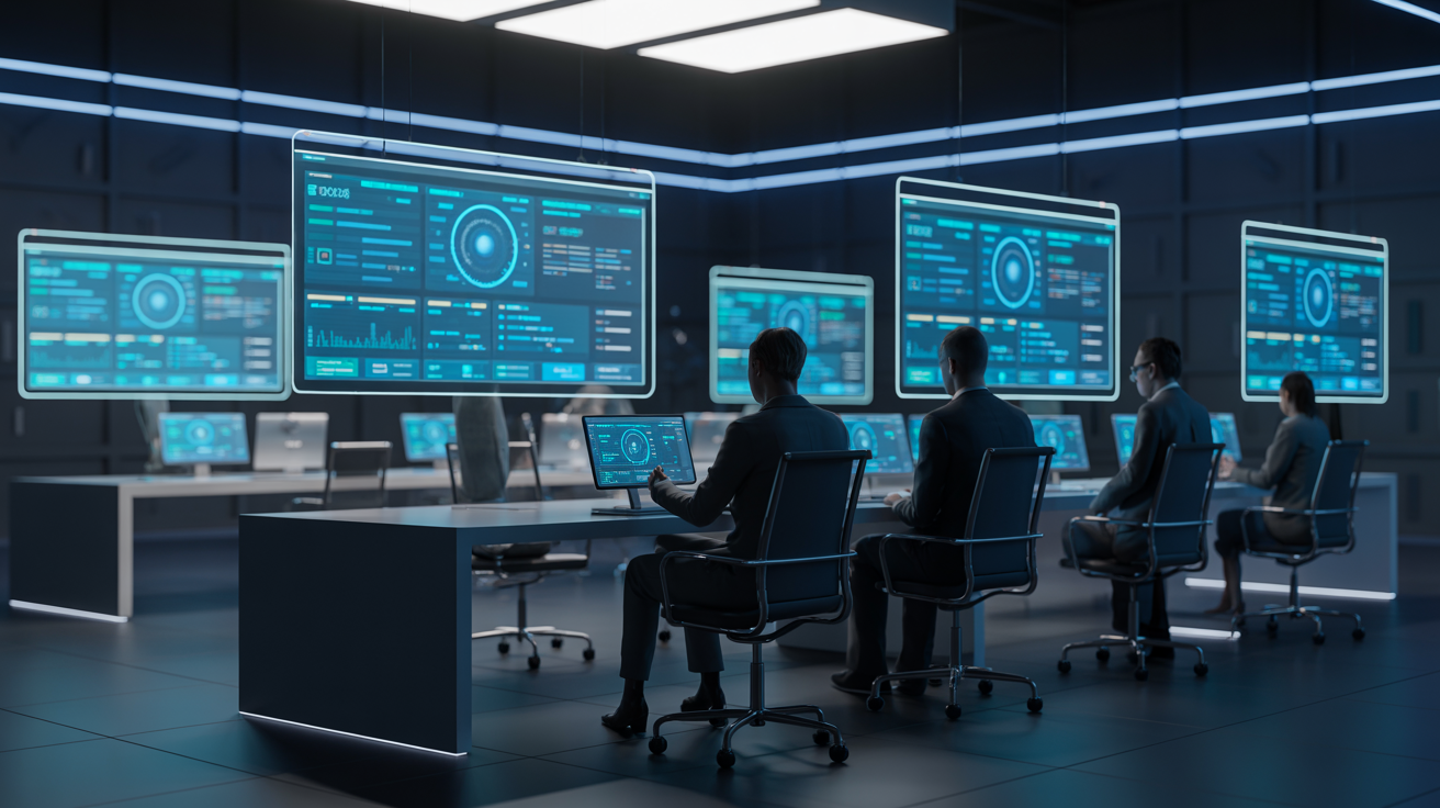 Modern cybersecurity team workspace with holographic displays