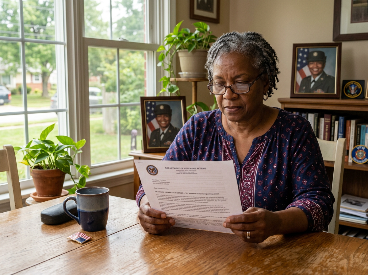 Woman veteran reading an official VA decision letter, thoughtful and resolved