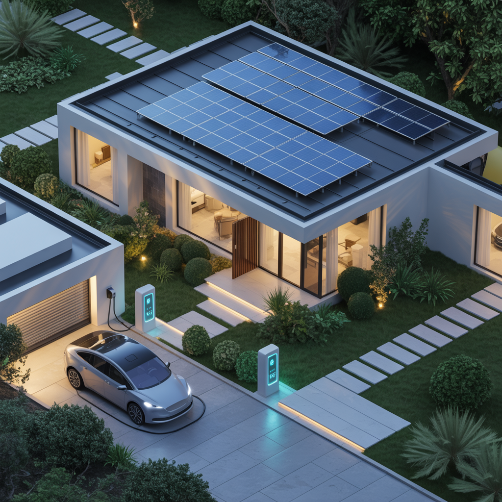 Kompletny smart home z panelami solarnymi i ładowaniem EV