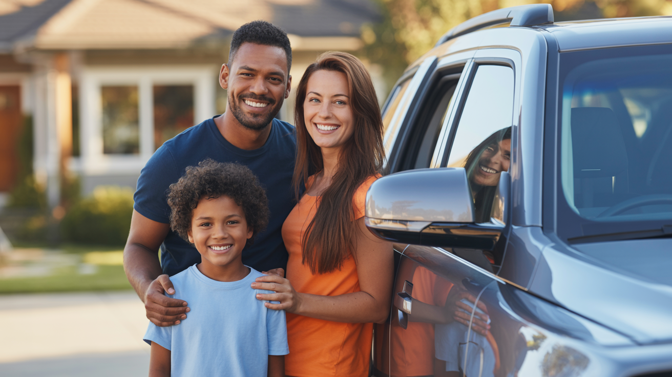 Happy family standing next to their car, smiling