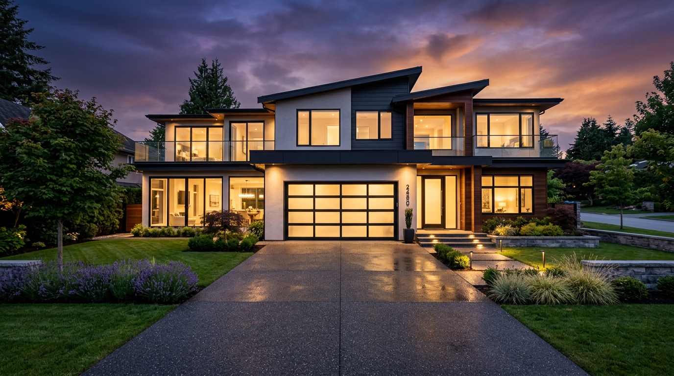 Modern luxury home with beautiful garage door at dusk