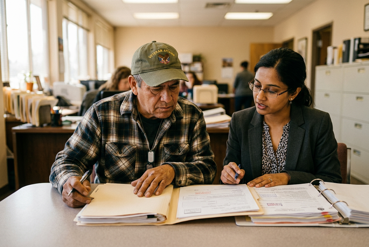A veteran and an advocate reviewing a thick stack of complex case files